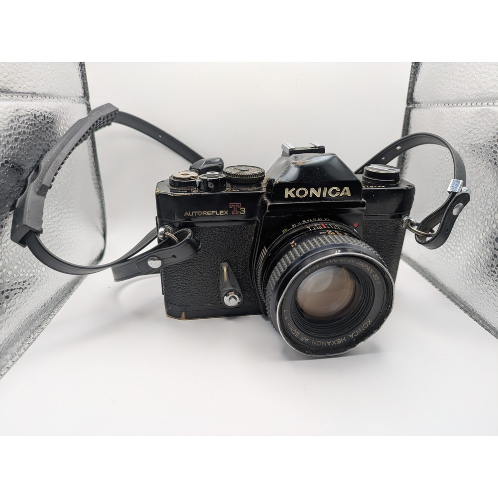Konica Autoreflex T3 35mm SLR Camera Hexanon AR 50mm F1.7 Lens Vintage FLAWS